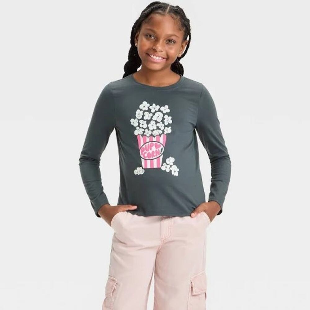 Cat & Jack long sleeve T-shirt Pup Corn Gray M/8 NWT Graphic Popcorn Puppy
